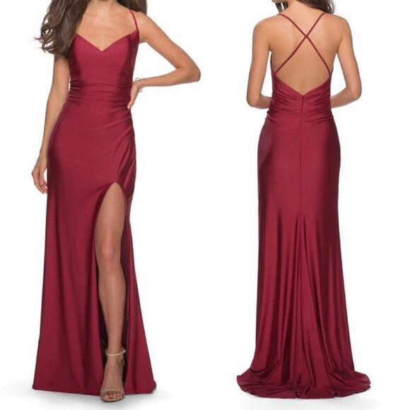 La Femme 28206 Long Crisscross Strapped High Slit Sheath Gown in Burgundy - Picture 8 of 8